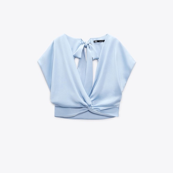 Zara Blue Crop Tie Front Blouse - Picture 1 of 5
